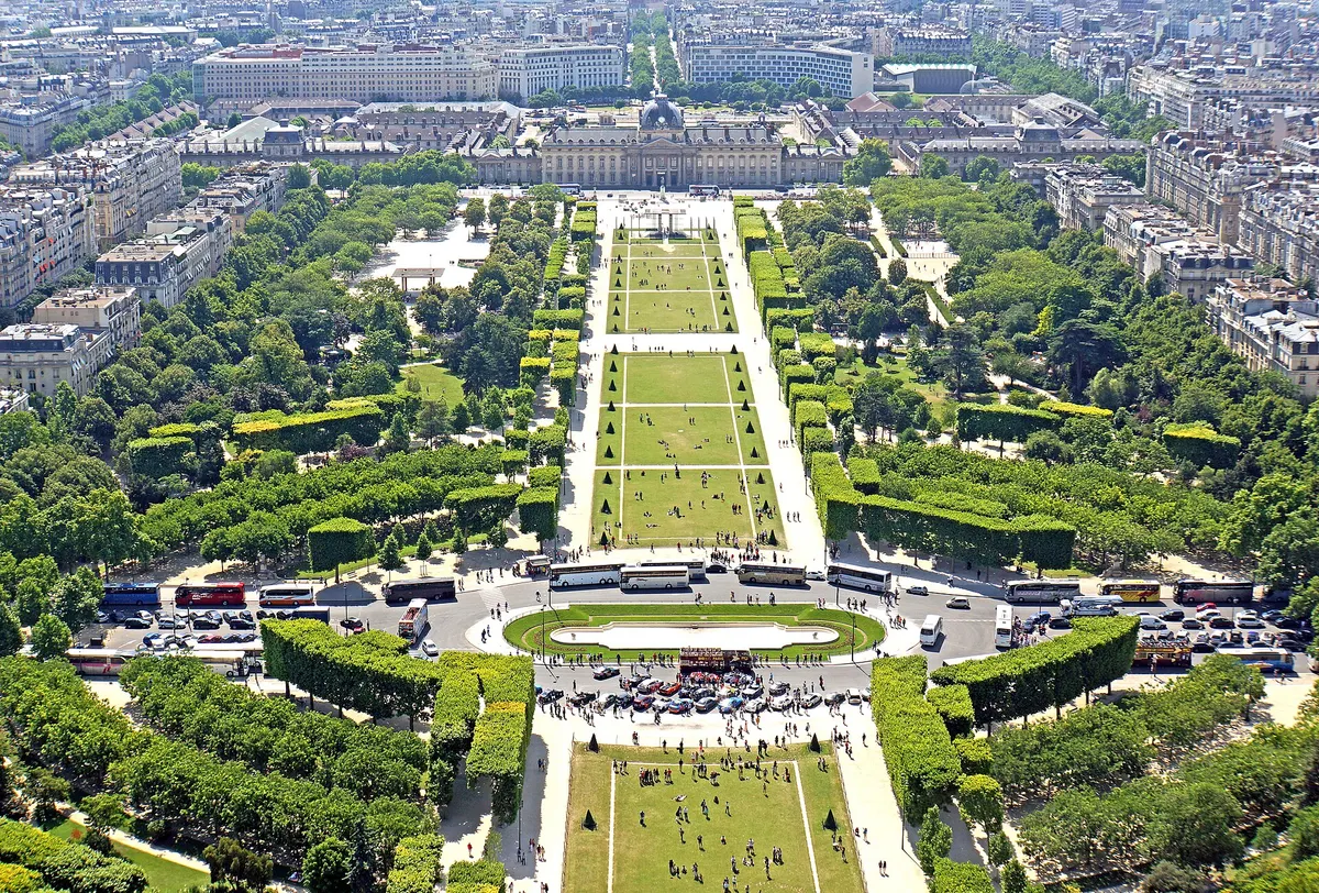 The Champ de Mars gardens seen from the second floor of the Eiffel Tower, daytime